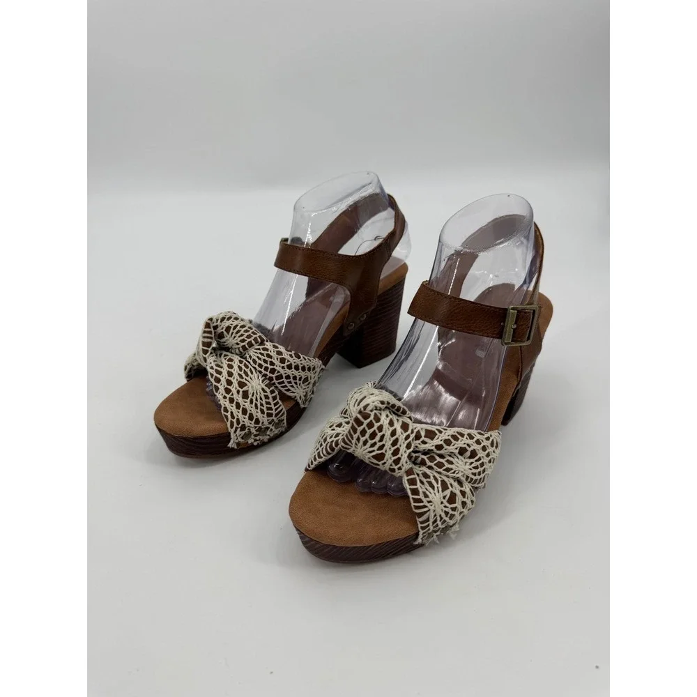 Korks Womens Crochet Knit Platform Block Heel Sandals Brown Leather 8M KR0010537
